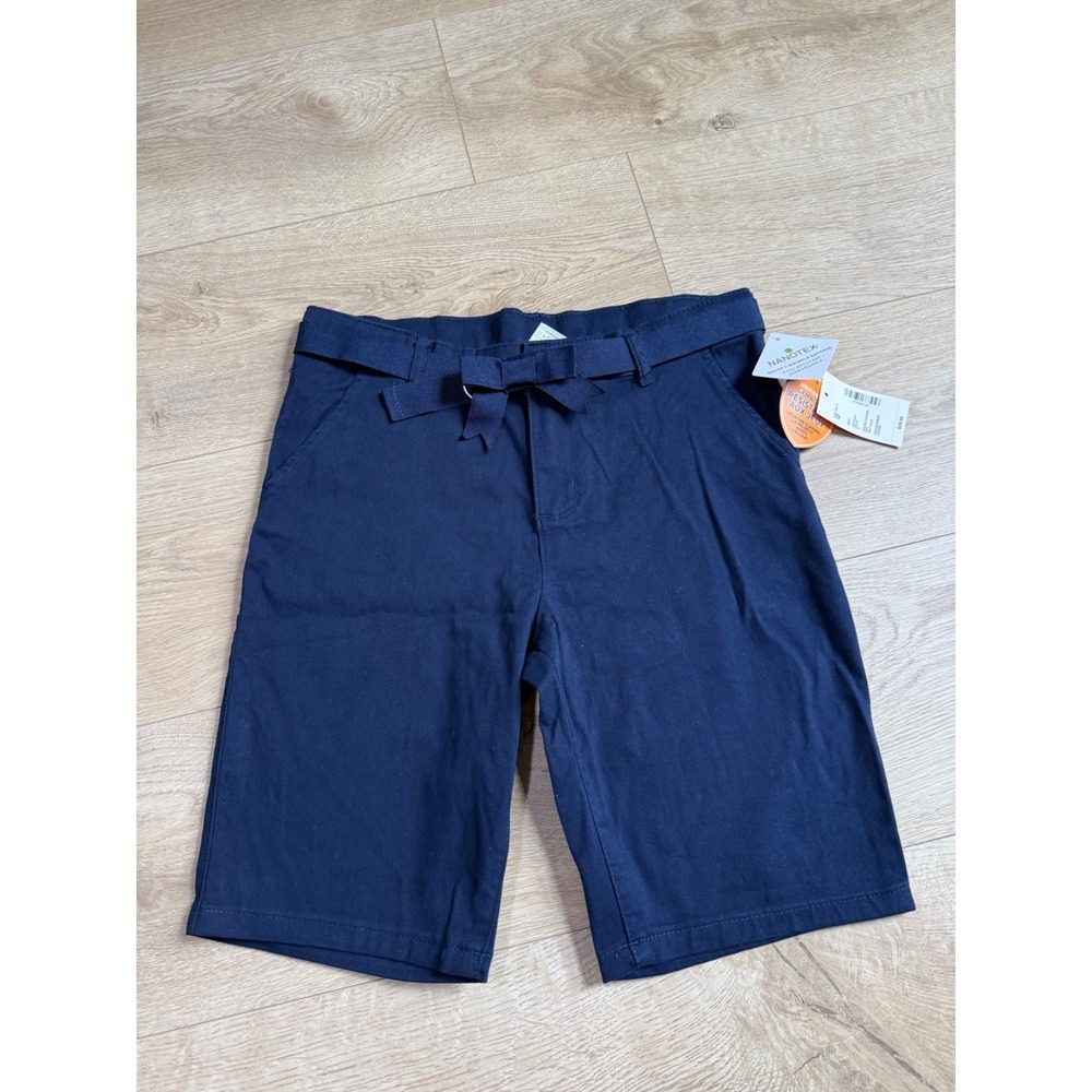NWT Kid Girls Gymboree nanotex uniform navy blue bow belted chino shorts size 12